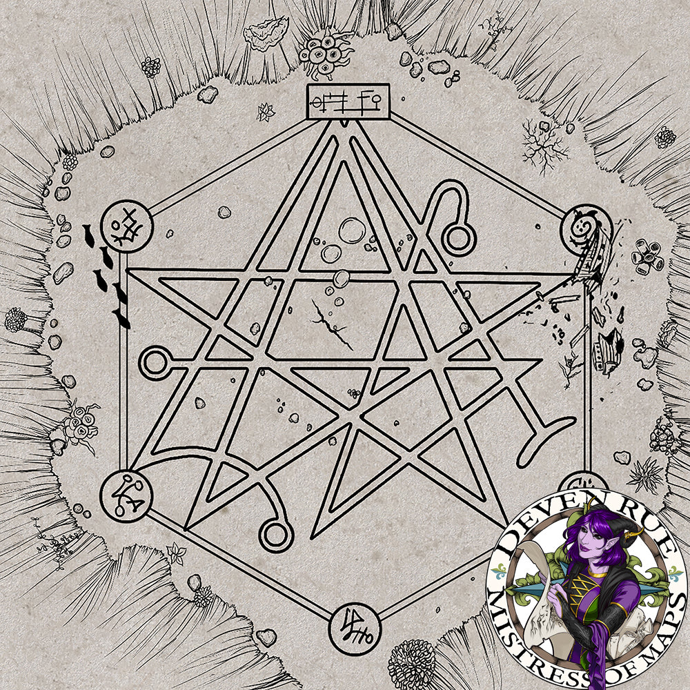 An illustrated map of an underwater cave with evidence of a ritual and shipwreck at the bottom.