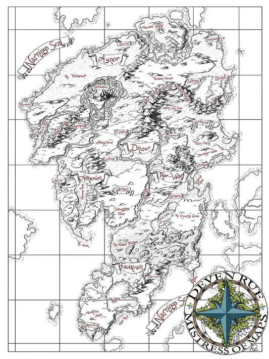 A preview of the Ayon printed prop map 36x27" black, red, and white version with text by Deven Rue.