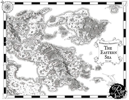 A preview of the black and white Euphoros map print with text.