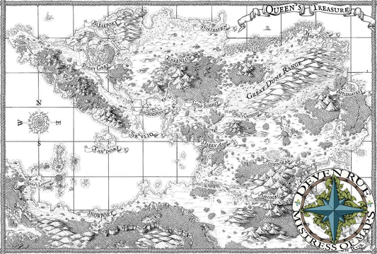 Queen's Treasure Printed Map Prop Maps 36x25 B&W with text Deven Rue