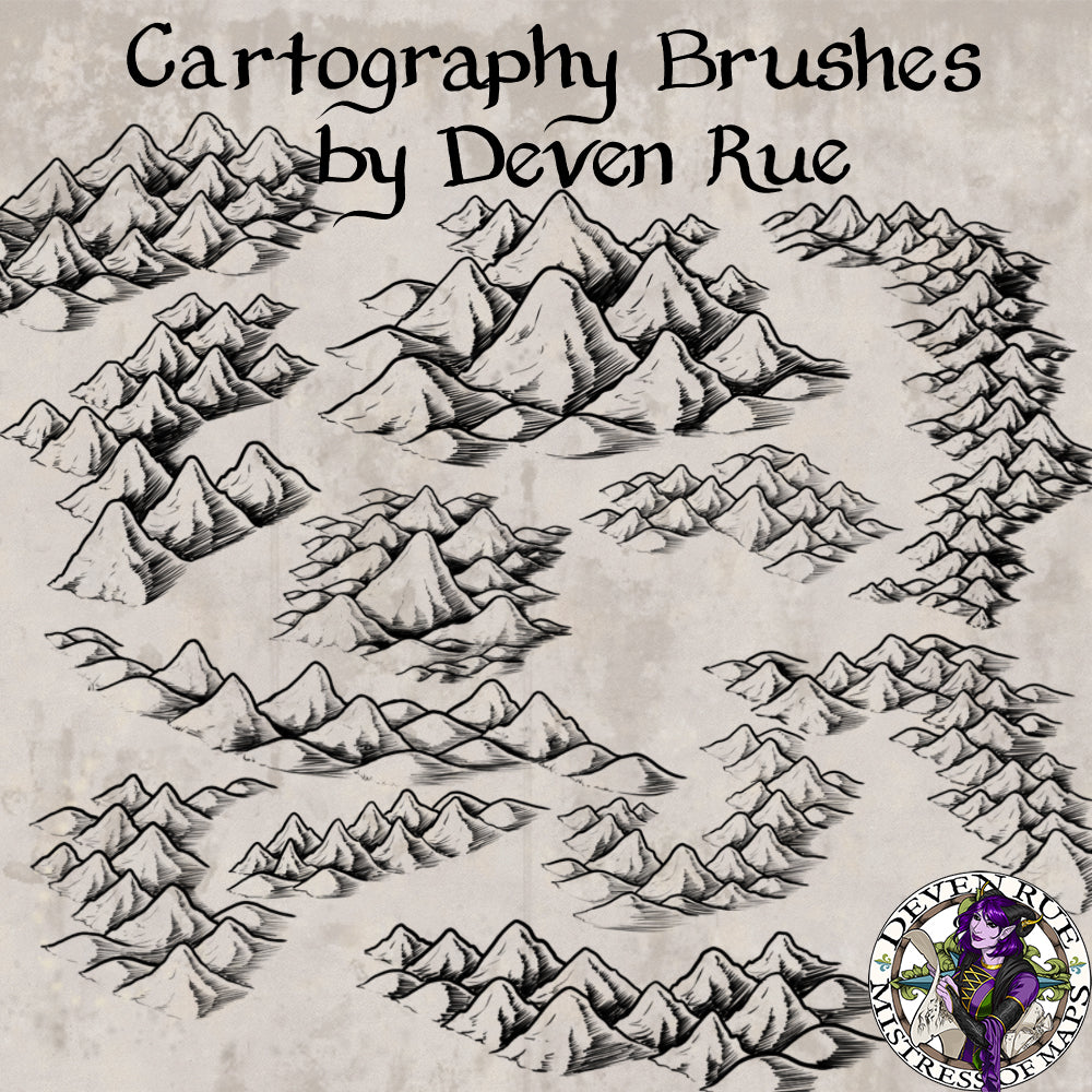 A collection of cartography brush designs by Deven Rue.