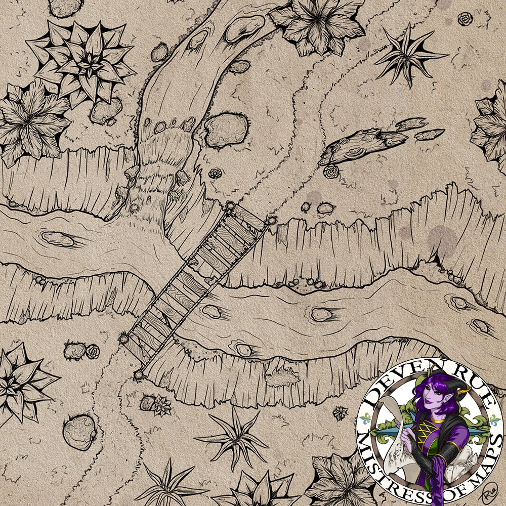 An illustrated map of a river crossing with a bridge in disrepair near a waterfall.