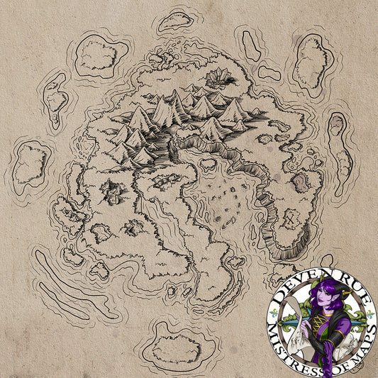 An illustrated treasure map of a volcanic island.