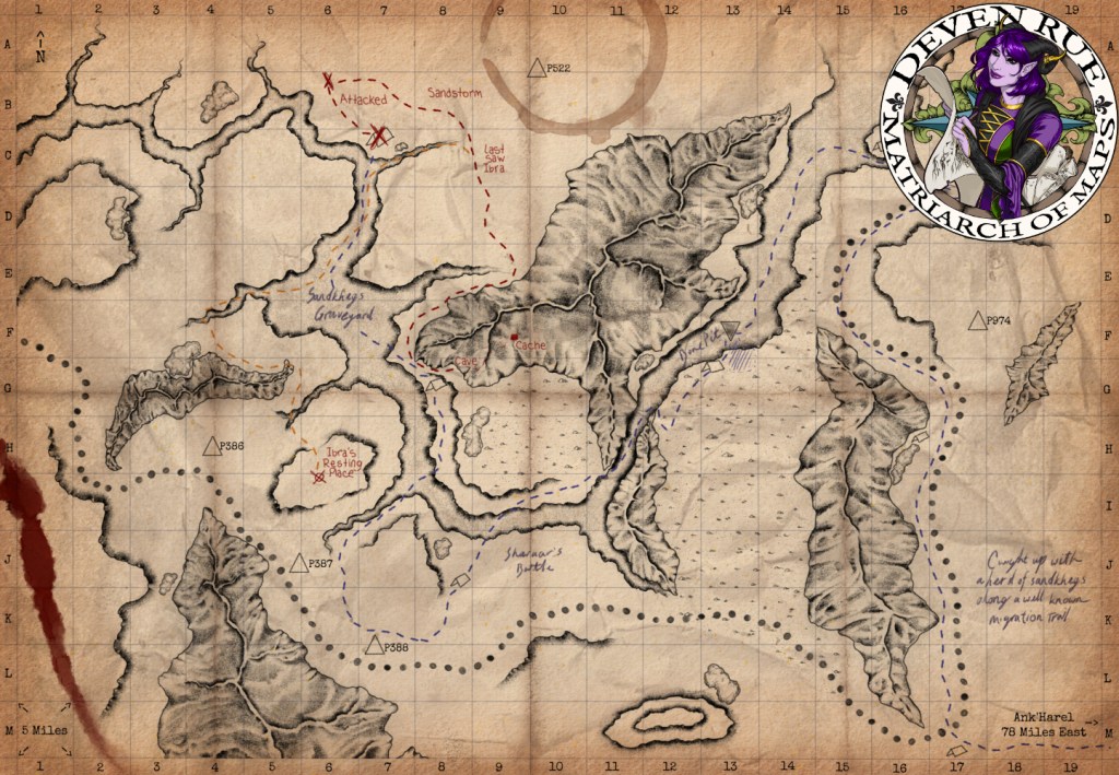 A hand-drawn map that looks like charcoal on stained, folded, parchment-like paper with a coffee stain and a smear of fake blood. The map is of a rocky region in the Rumedam desert in the fictional world of Exandria. A large ravine is the focus of the map with several handwritten notes and trail markings.