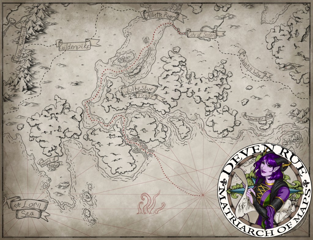 A hand-drawn fantasy map of the Lorn Coast created on digitally aged and stained paper.